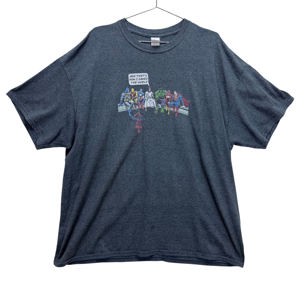 Gildan Mens 2XL Superhero Parody Graphic T-Shirt Gray Religious Humor Comic